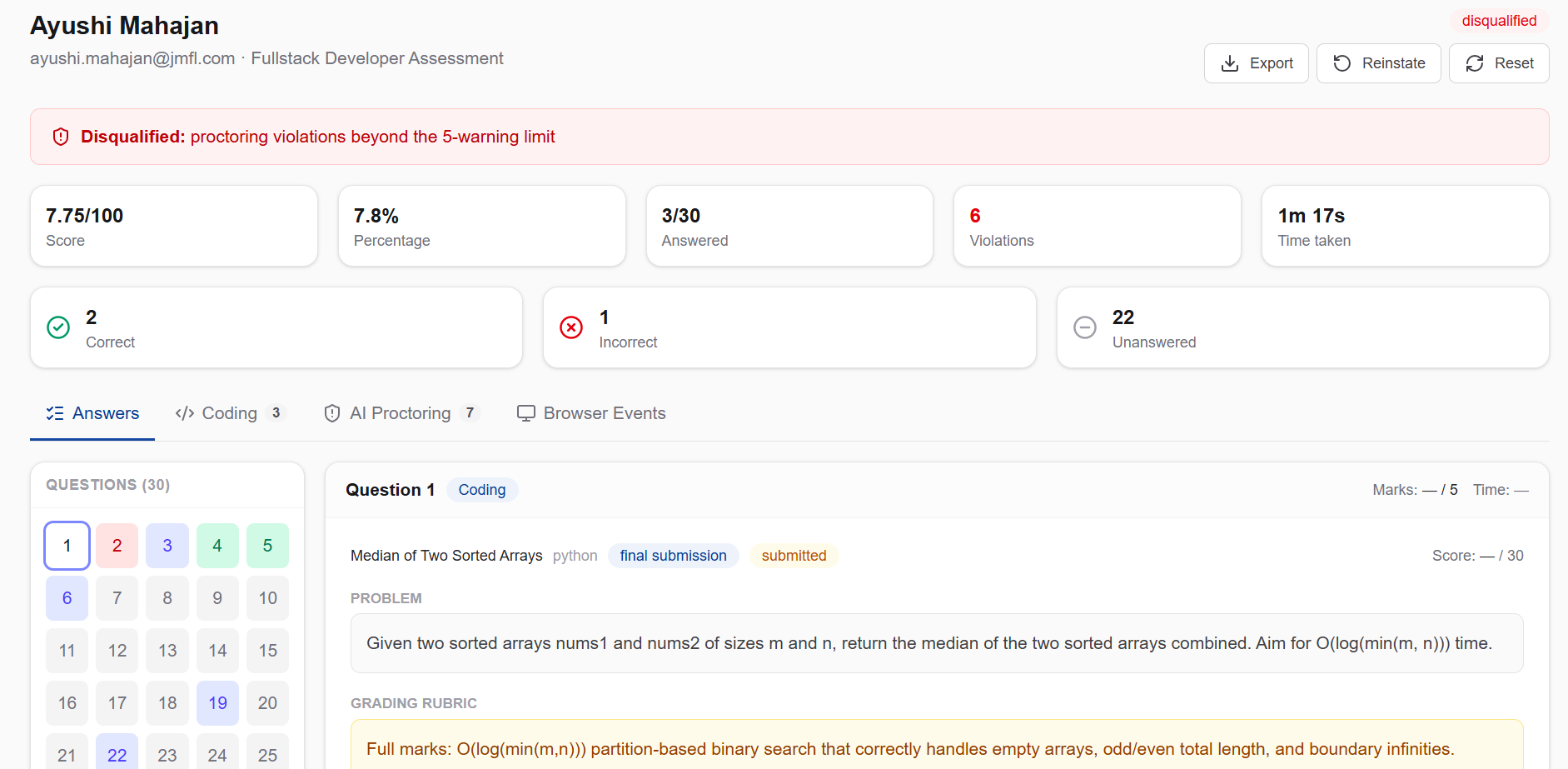 Hyper Recruit Candidate Examination Interface